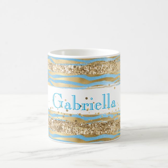 Aqua Blue Guld Glitter Confetti Zebra Animal Kaffemugg (Center)