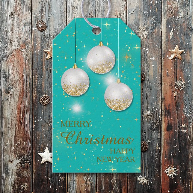 Aqua Blue Guld Glitter jul Lökar Gift Märkre Presentetikett (Skapare uppladdad)