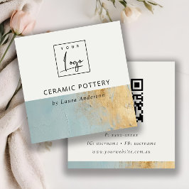 Aqua Blue Guld Oil Paint Struktur Logotyp QR-kod Fyrkantigt Visitkort