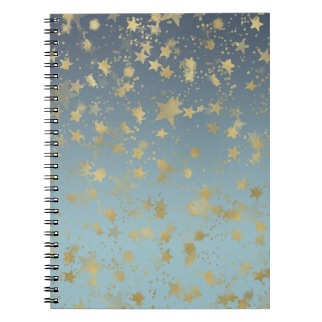 Aqua Blue Guld Ombre Stars Anteckningsbok (Framsidan)