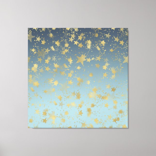 Aqua Blue Guld Ombre Stars Canvastryck (Framsida)