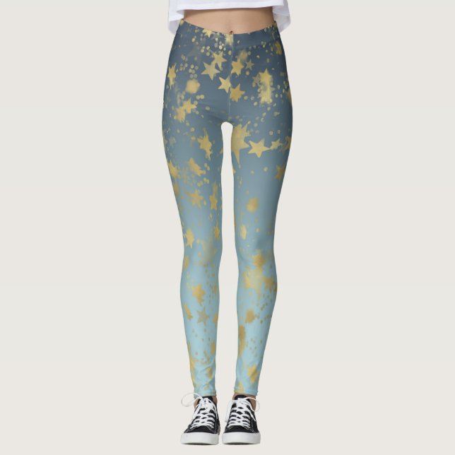 Aqua Blue Guld Ombre Stars Leggings (Framsida)