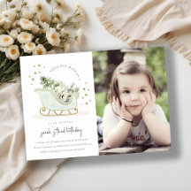 Aqua Blue Guld Winter Sleigh Photo Birthday Inbjud