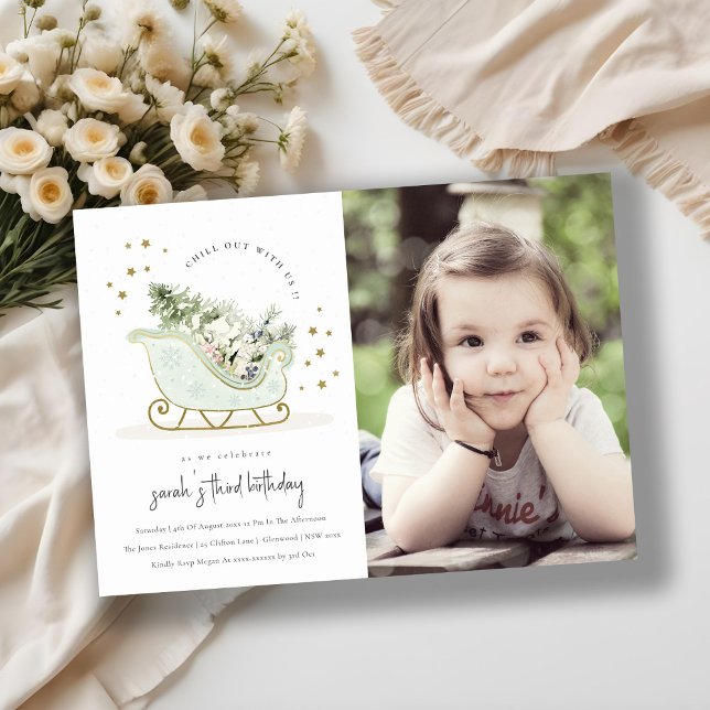 Aqua Blue Guld Winter Sleigh Photo Birthday Inbjud Tack Kort (Skapare uppladdad)