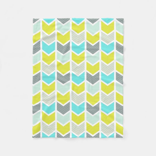 Aqua Blue Gult Grått Geometric Chevron Mönster Fleecefilt (Framsidan)