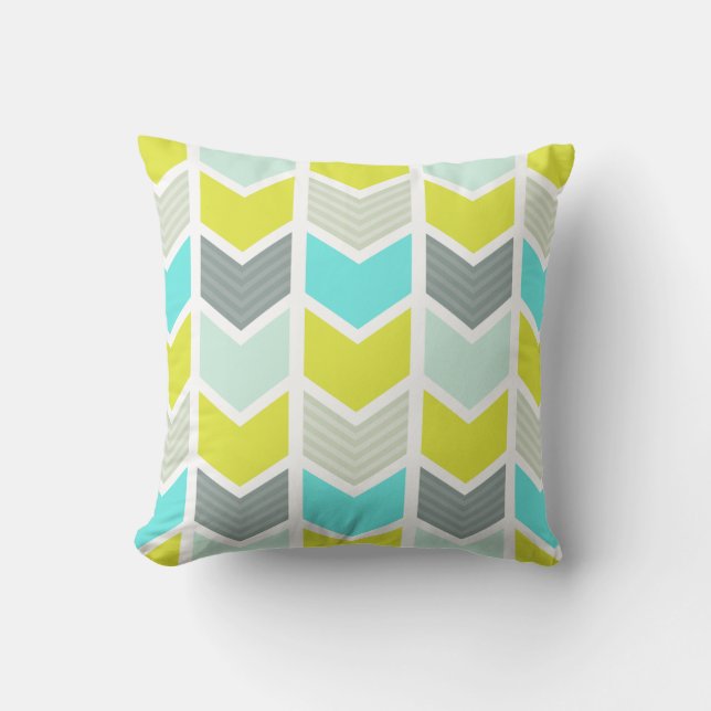 Aqua Blue Gult Grått Geometric Chevron Mönster Kudde (Framsida)