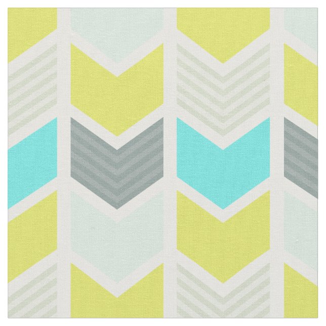 Aqua Blue Gult Grått Geometric Chevron Mönster Tyg (Närbild)