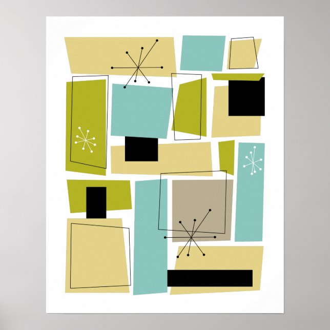 Aqua Blue Gult Rectangles Starburst Mid Century Poster (Framsidan)