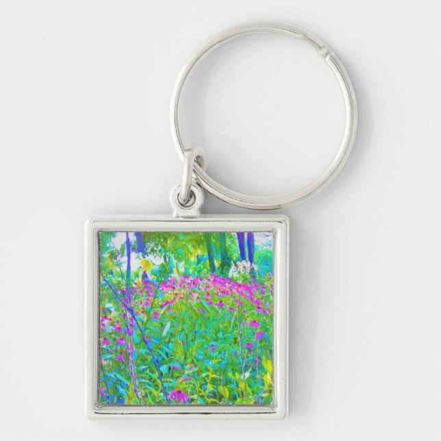 Aqua Blue Impressionistic Garden Ligcape Fyrkantig Silverfärgad Nyckelring (Framsidan)