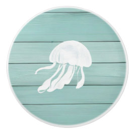 Aqua Blue Jellyfish Faux Wood Nautical Drawer knob Knopp