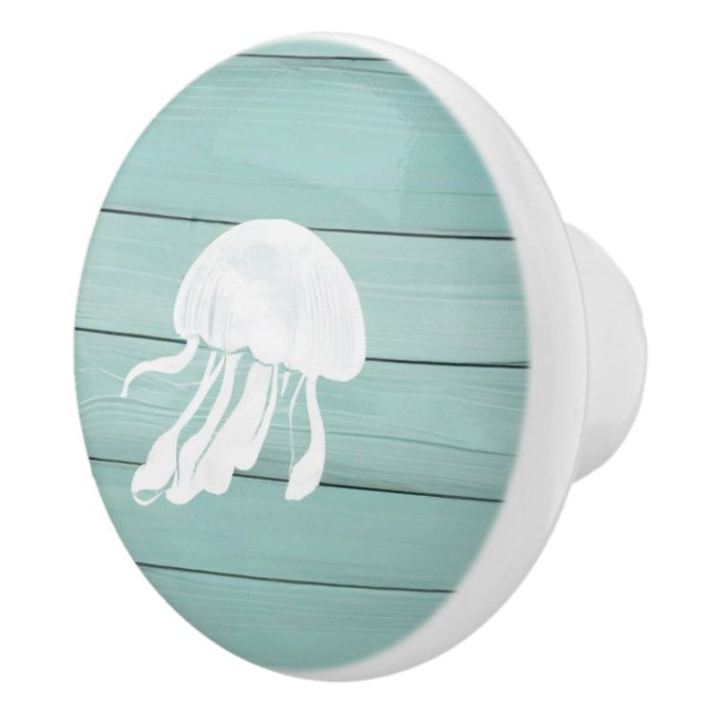 Aqua Blue Jellyfish Faux Wood Nautical Drawer knob Knopp (Höger)