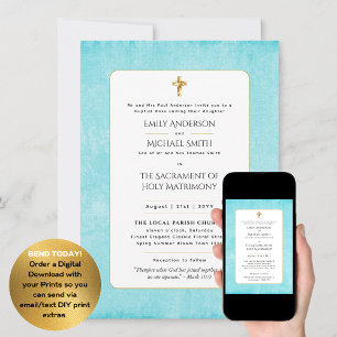 Aqua Blue-katolsk nuptial Mass Bröllop Inbjudningar