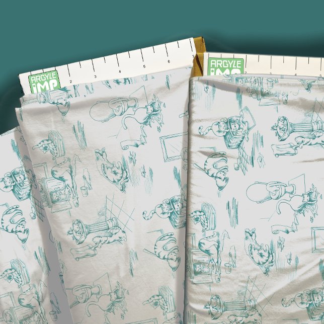 Aqua Blue Kattunge Bathroom Toile Tyg (close-up with ruler)