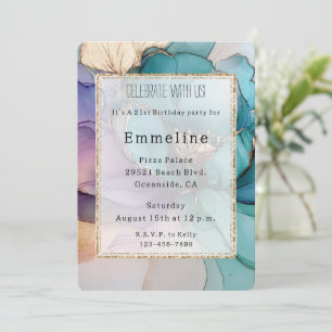 Aqua Blue Lila Guld Blommigt Glitter Inbjudningar