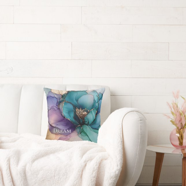 Aqua Blue Lila Guld Blommigt Kudde (Soffa)