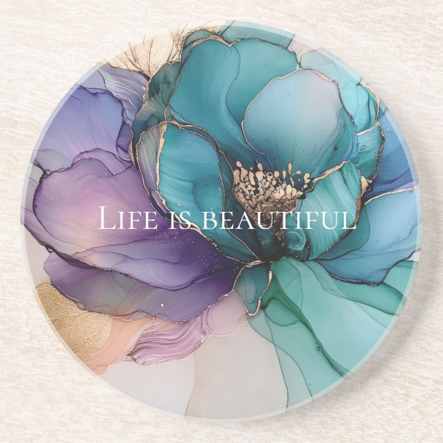 Aqua Blue Lila Guld Blommigt Underlägg (Framsidan)