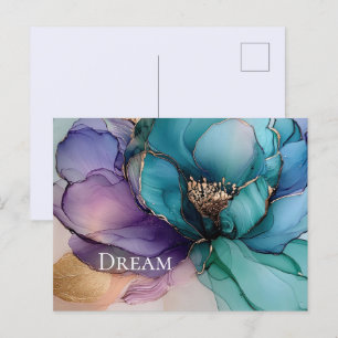 Aqua Blue Lila Guld Blommigt Vykort