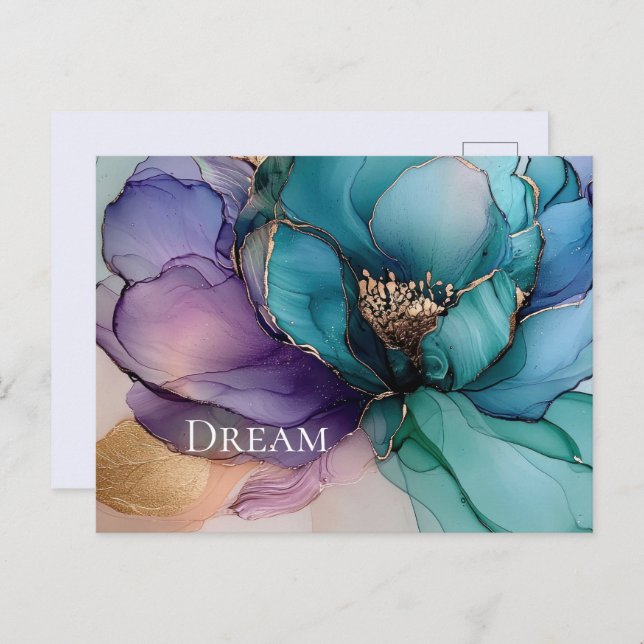 Aqua Blue Lila Guld Blommigt Vykort (Fram/baksida)