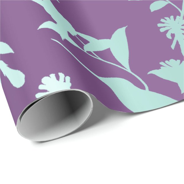 Aqua Blue Lila Hummingbird Flowers Presentpapper (Rullad Hörn)