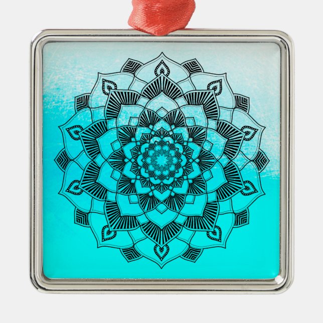 Aqua Blue Mandala-Abstrakten Vacker jul Julgransprydnad Metall (Framsidan)