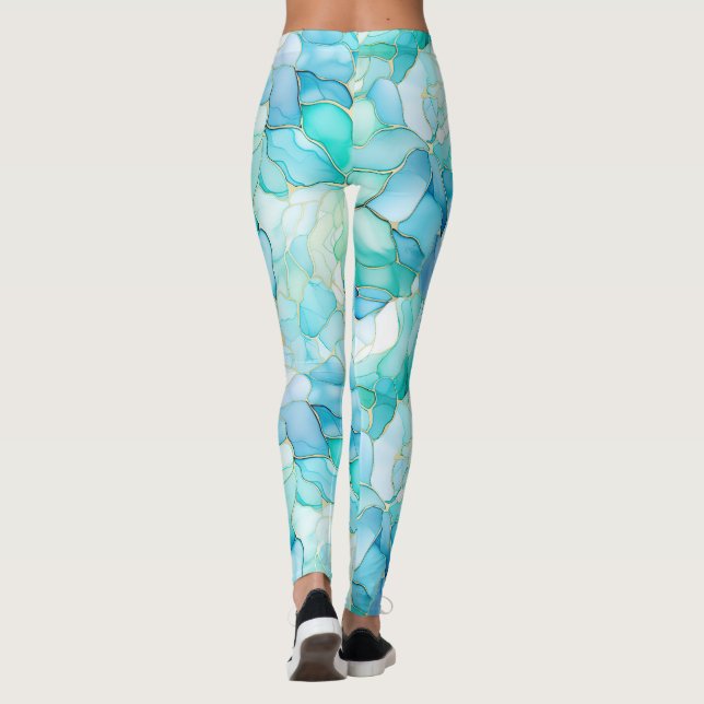 Aqua Blue Marble Abstrakt Leggings (Baksida)