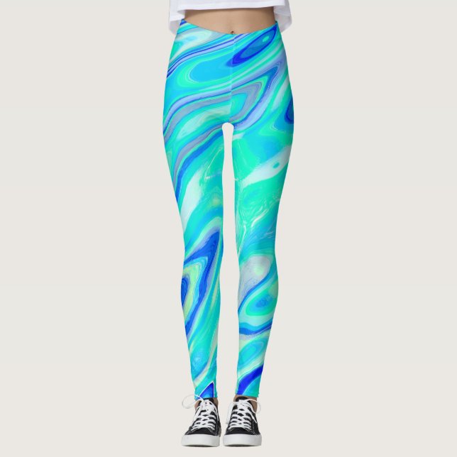 Aqua Blue Marble Struktur Abstrakt Liquid Mönster Leggings (Framsida)