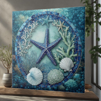 Aqua blue Marine Life Starfish Coral Reef Seashell Kakelplatta