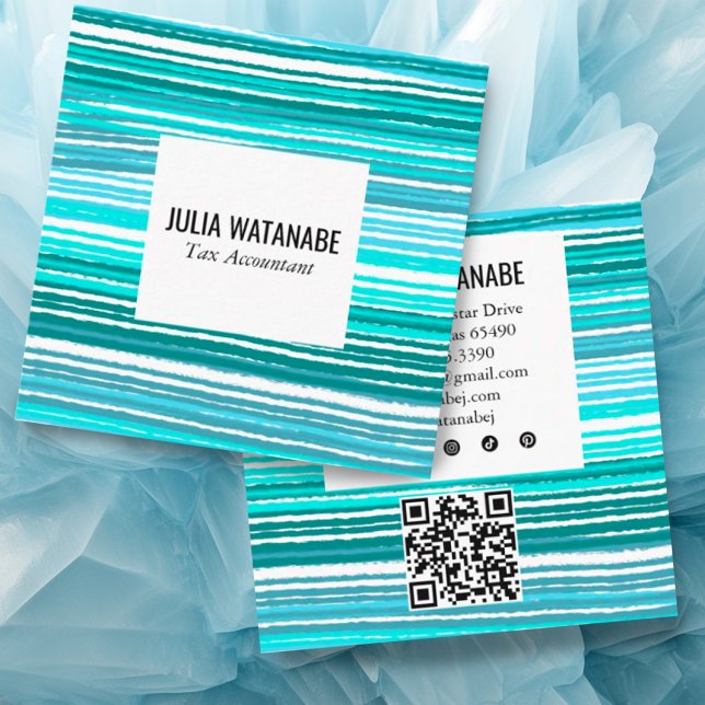 Aqua Blue Minimalist Rand QR Social Media Fyrkantigt Visitkort (Colorful aqua stripes custom business card with QR code and social media icons)