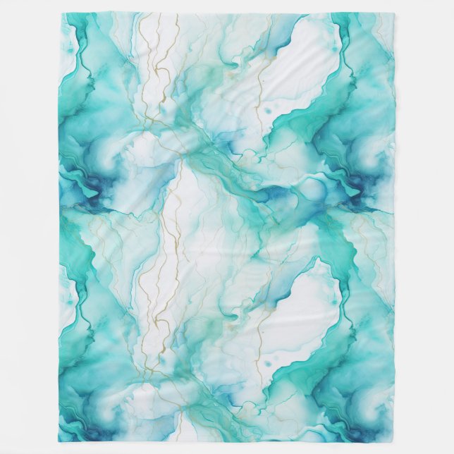 Aqua Blue Mint Guld White Marble Fleecefilt (Framsidan)