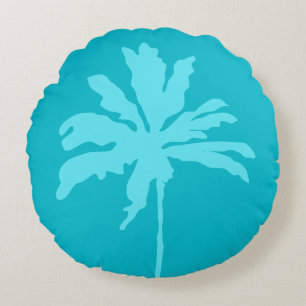 Aqua Blue Modern Tropical Handflatan Träd, sommarh Rund Kudde