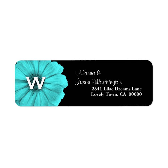 Aqua Blue Monogram Daisy Bröllop Returadress Etikett (Framsidan)