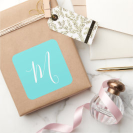Aqua Blue Monogram Initial Fyrkantigt Klistermärke
