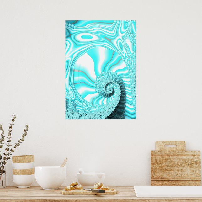 Aqua Blue Nautilus Snäcka Spiral Fractal Abstrakt Poster (Kök)