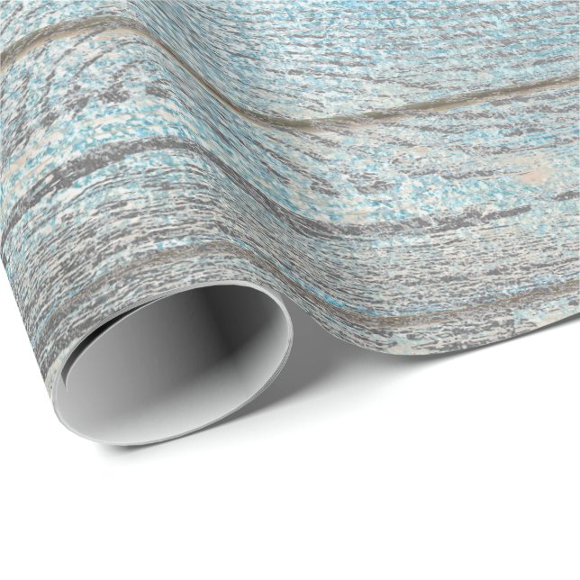 Aqua Blue Ocean Grungy Silver Grått Wood Rustic Presentpapper (Rullad Hörn)