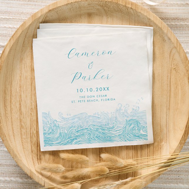 Aqua Blue Ocean Vågar Beach Wedding Pappersservett (Ocean Waves Beach Wedding Napkins for a Modern Aqua Blue Cocktail Hour by Concertina Press)