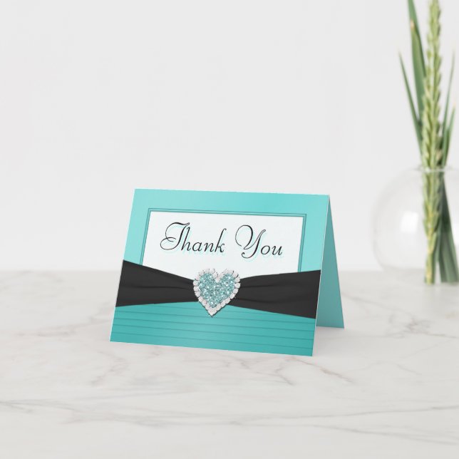 Aqua Blue och Black Glitter Heart Tack Kort (Framsida)