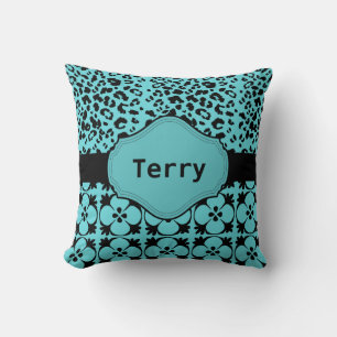 Aqua Blue och Black Monogram Pillow Kudde