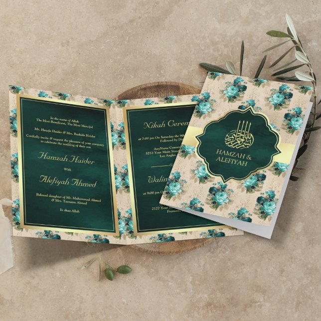 Aqua Blue och Emerald Grönt Blommigt Muslim Bröllo Inbjudan (Skapare uppladdad)