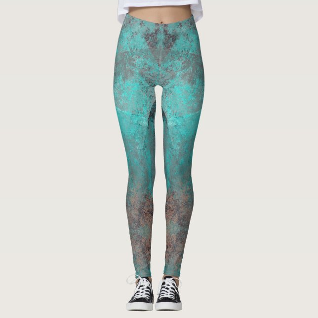 Aqua Blue och Grått Distress Paint Stänk Leggings (Framsida)
