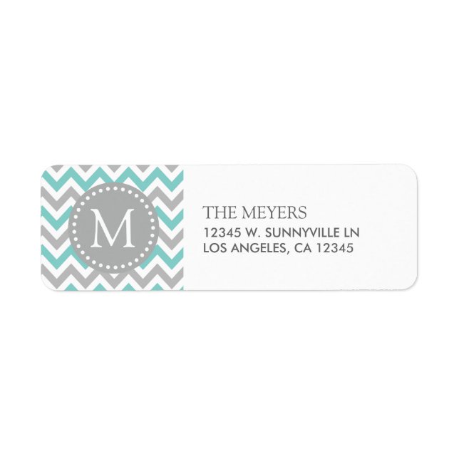 Aqua Blue och Grått Modern Chevron med Monogram Returadress Etikett (Framsidan)
