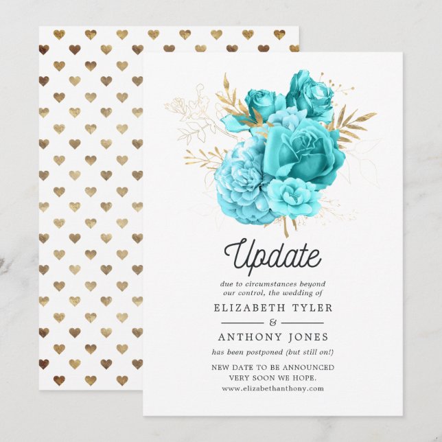 Aqua Blue och guld blommig bröllopsuppdatering Inbjudningar (Fram/baksida)