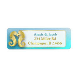 Aqua Blue och Guld Seahorse Kissing Return Labels Returadress Etikett