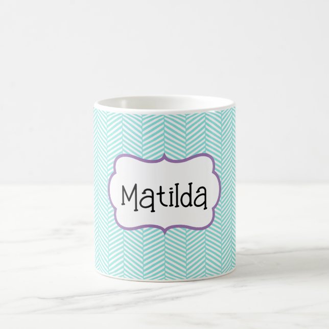 Aqua Blue och Lavender Lila Chevron Namn Kaffemugg (Center)