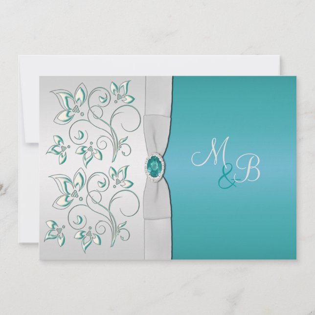 Aqua Blue och Monogrammed Silver Inbjudningar (Framsida)