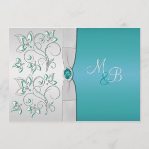 Aqua Blue och Monogrammed Silver Inbjudningar