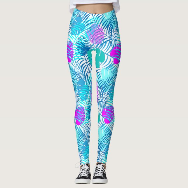 Aqua Blue och Rosa Tropical Löv Patterned Leggings (Framsida)