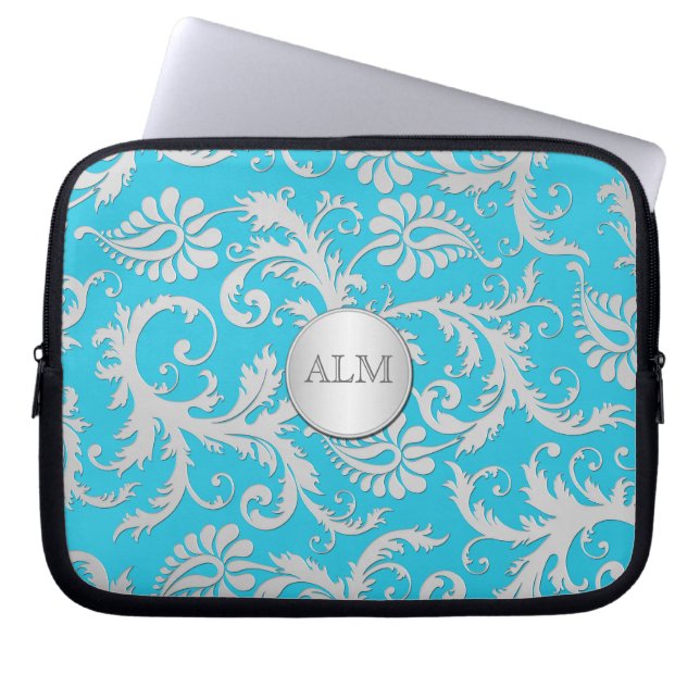 Aqua Blue och Silver Damask Laptop sleeve (Framsidan)