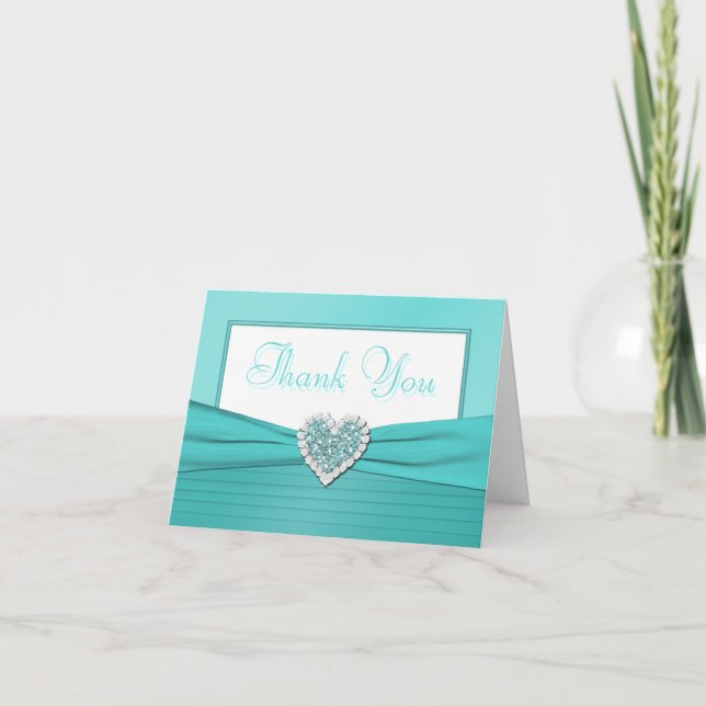 Aqua Blue och White Glitter Heart - tackkort (Framsida)