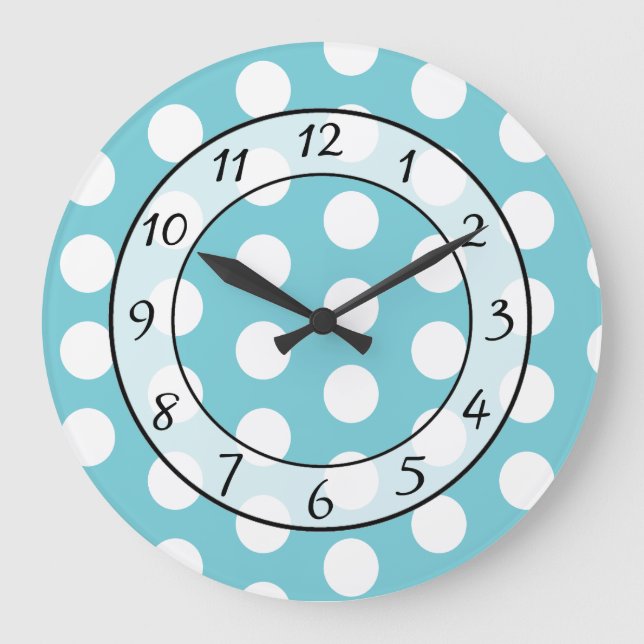 Aqua Blue och White Polka Dot Whimsical Clock Stor Klocka (Framsida)