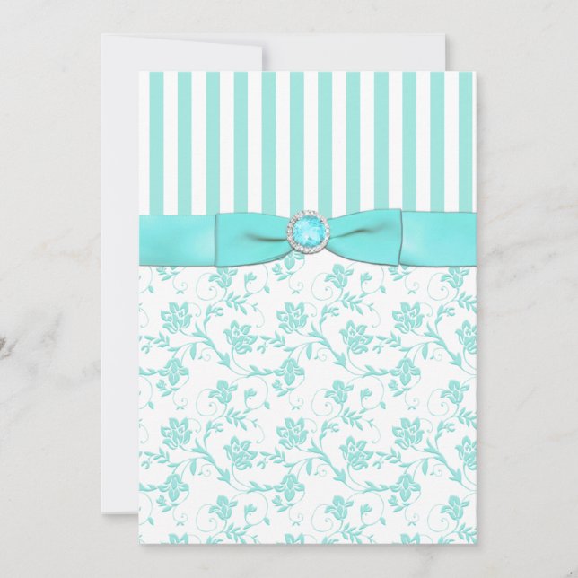 Aqua Blue och White Stripe Blommigt Wedding bjudit Inbjudningar (Framsida)